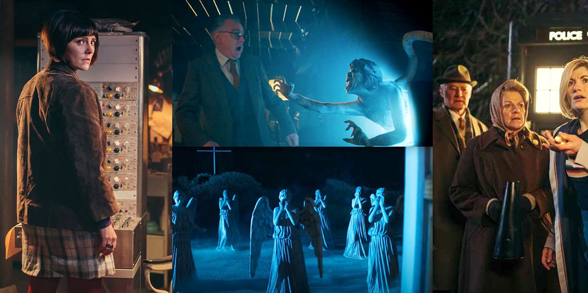 A montage of Claire, Professor Jericho being menaced by a weeping angel, The Doctor with Gerald and Jean and the Weeping Angels 