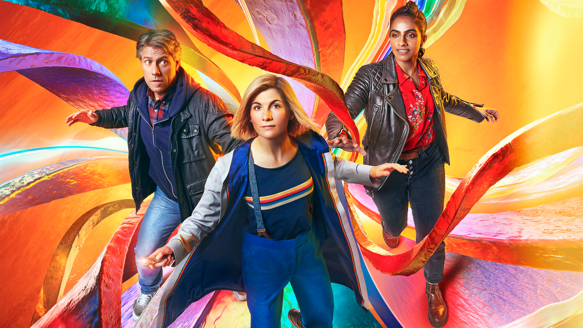 Promotional Image for Flux, featuring the Doctor, Yasmin Khan, and Dan 'You Scared Me There' Lewis.