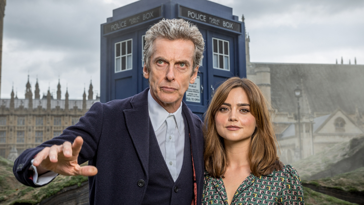 Peter Capaldi and Jenna Coleman in character as the Doctor and Clara, looking pretty badass.