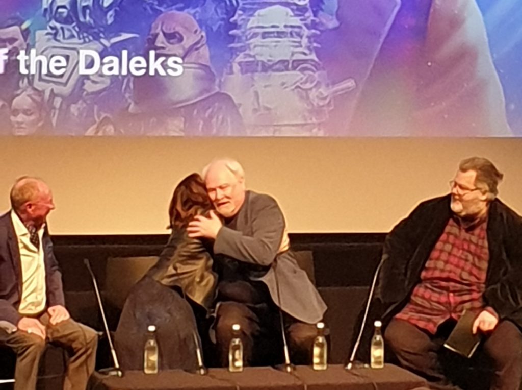 Nicola Bryant and Colin Baker shared a hug after an emotional moment for him watching the mini-episode The Eternal Mystery