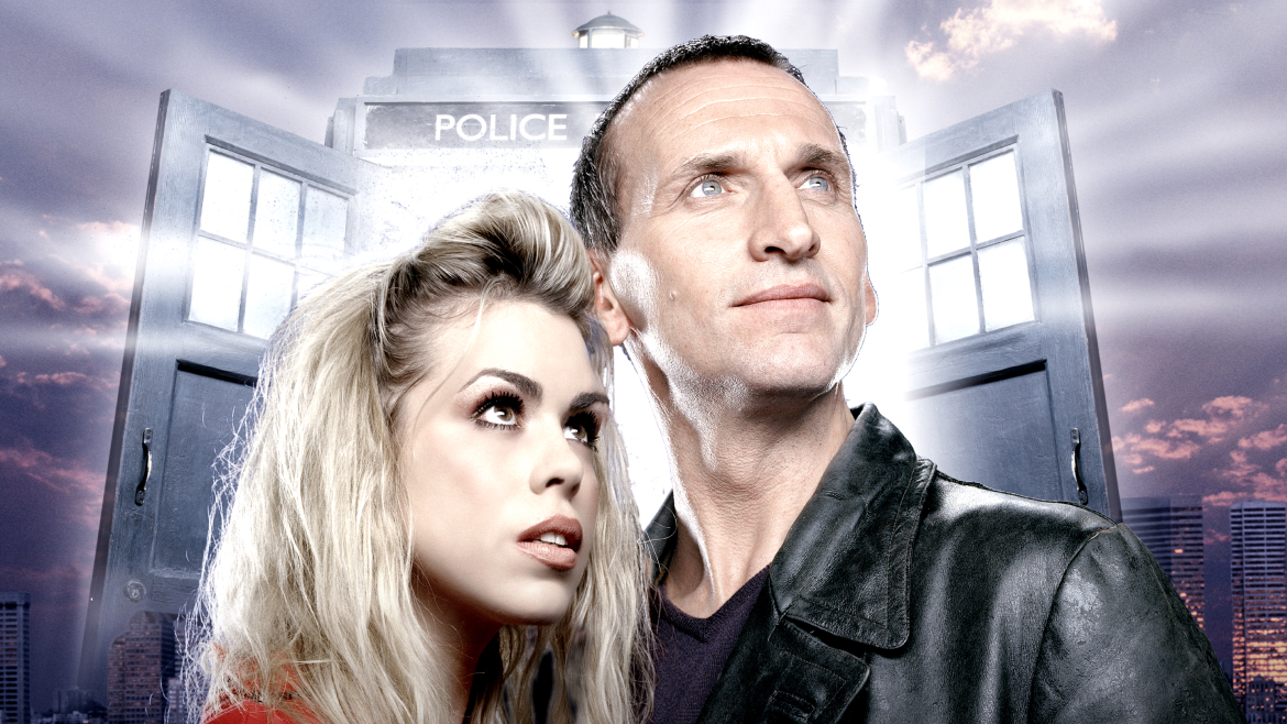 Promotional Image for Series 1 with the Doctor and Rose looking at who knows what!