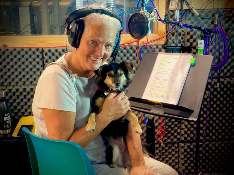 Louise Jameson and her pet dog at the recording studio