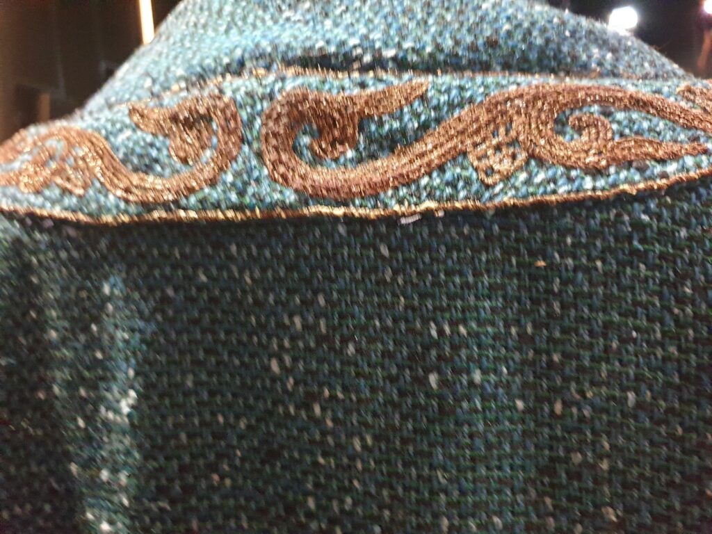 A close up of the collar of the Marco Polo costume