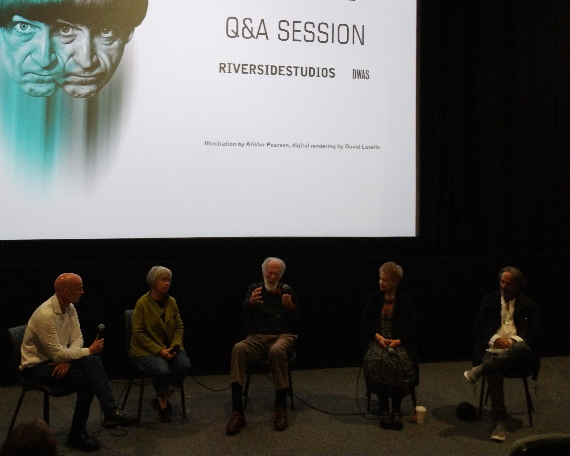 Actor Wendy Padbury, , director Tristan de Vere Cole, assistant floor manager Marcia Wheeler, and actor Kevork Malikyan on stage at Riverside Studios