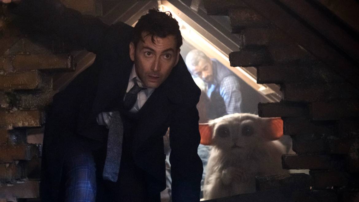 The Doctor and Beep the Meep investigating a mysterious hole in the attic.