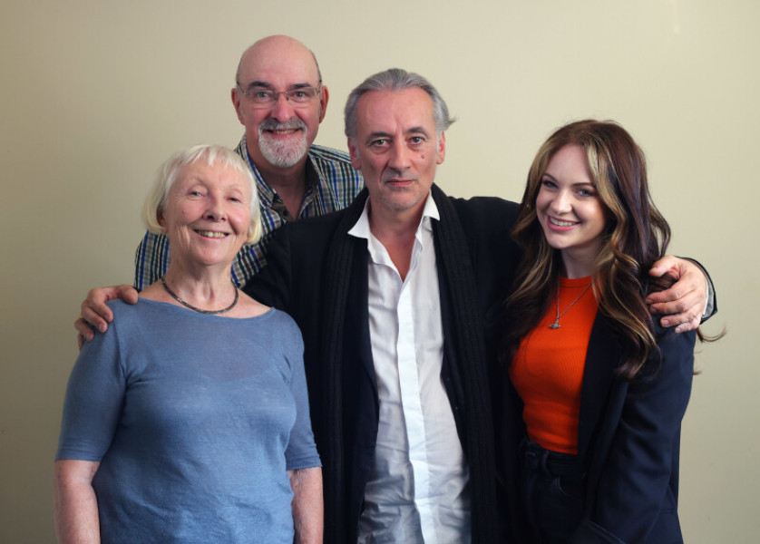 The cast for Fugitive of the Daleks, Maureen O'Brien, Nicholas Briggs, Stephen Noonan and Lauren Cornelius.