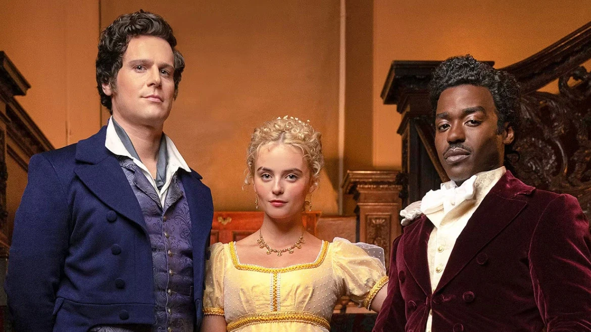 Jonathan Groff, Millie Gibson and Ncuti Gatwa all looking eccentric for the Regency episode