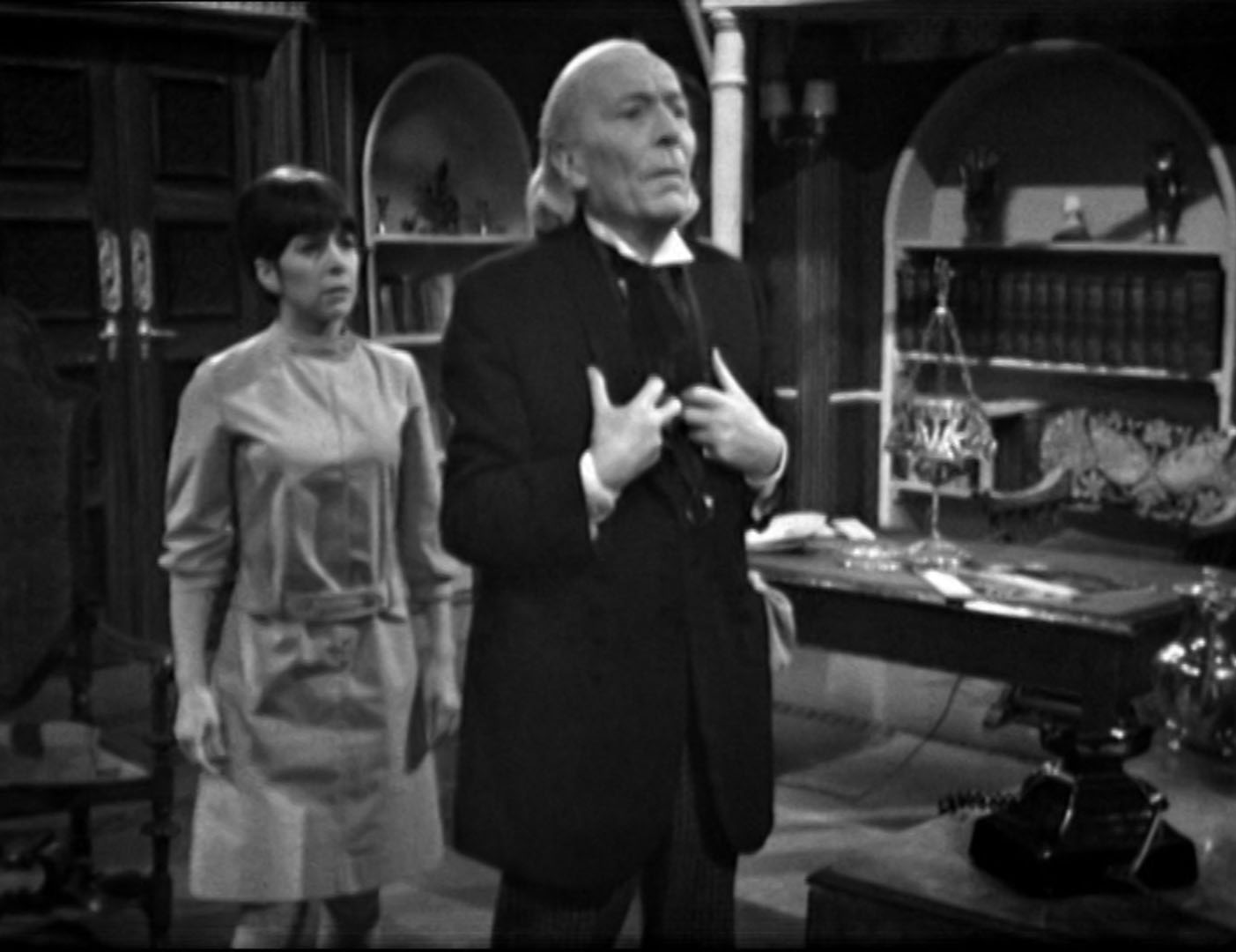 The Doctor receives a massive shock through the telephone