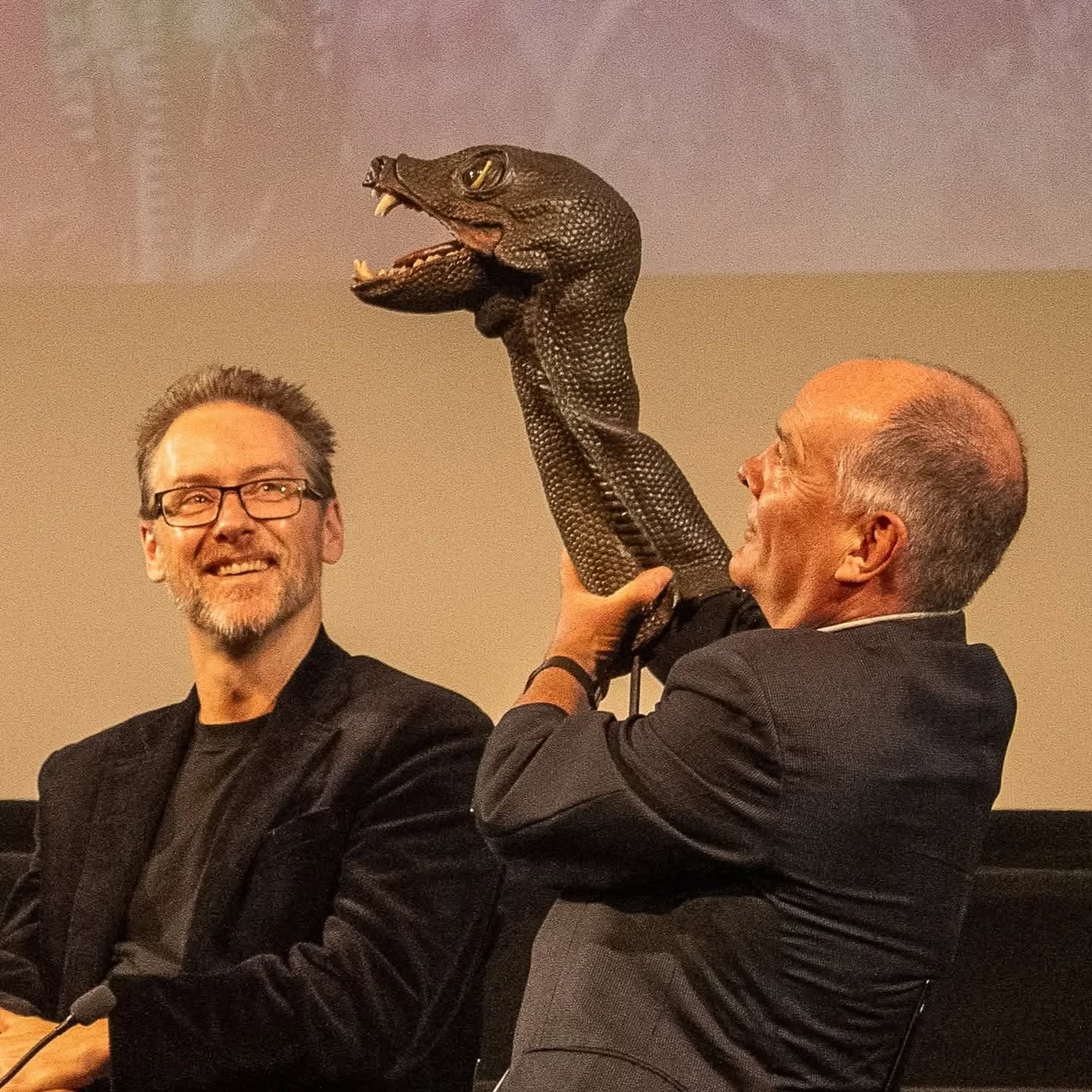 Neil Cole Curator of the Musuem of Classic Sci-Fi with Mick Tucker- Special effects and model maker showing off the new Skarasen