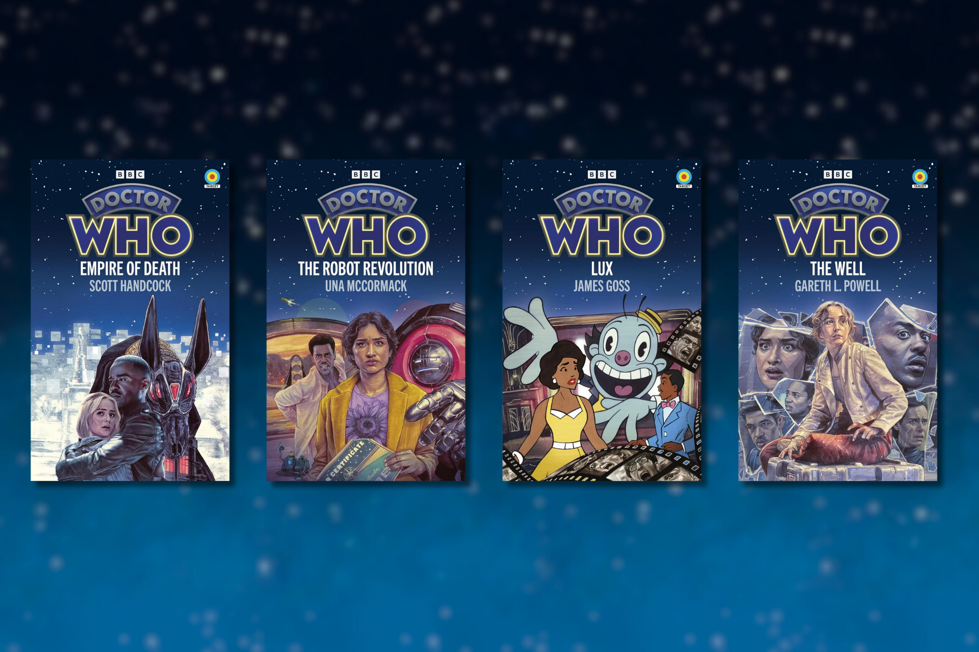Four Doctor Who Target novels: Empire of Death, The Robot Revolution, Lux, The Well