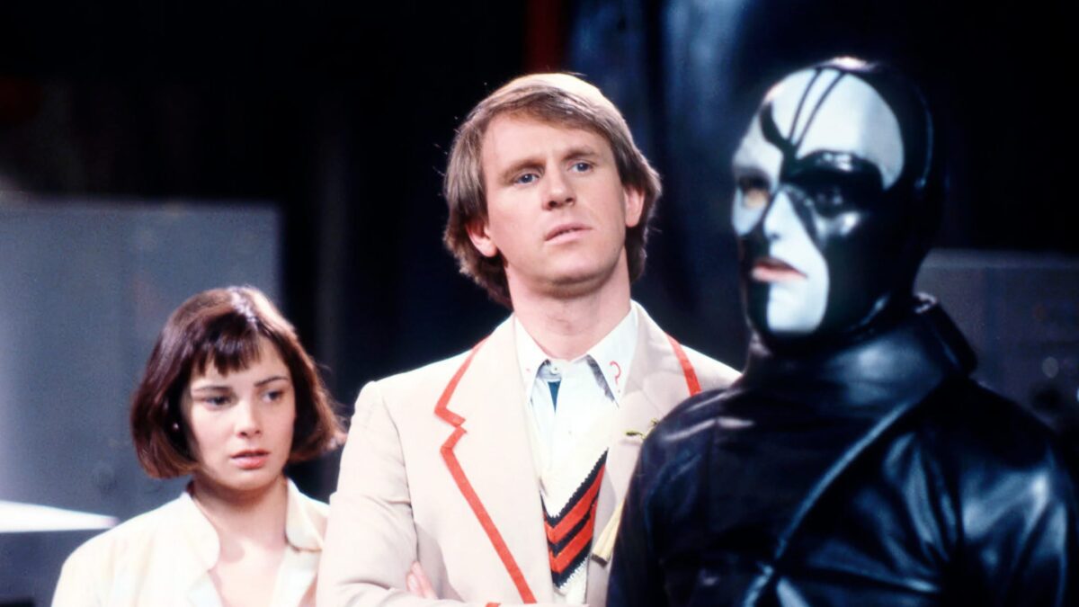 The Doctor, Peri and Sharaz Jek from The Caves of Androzani.