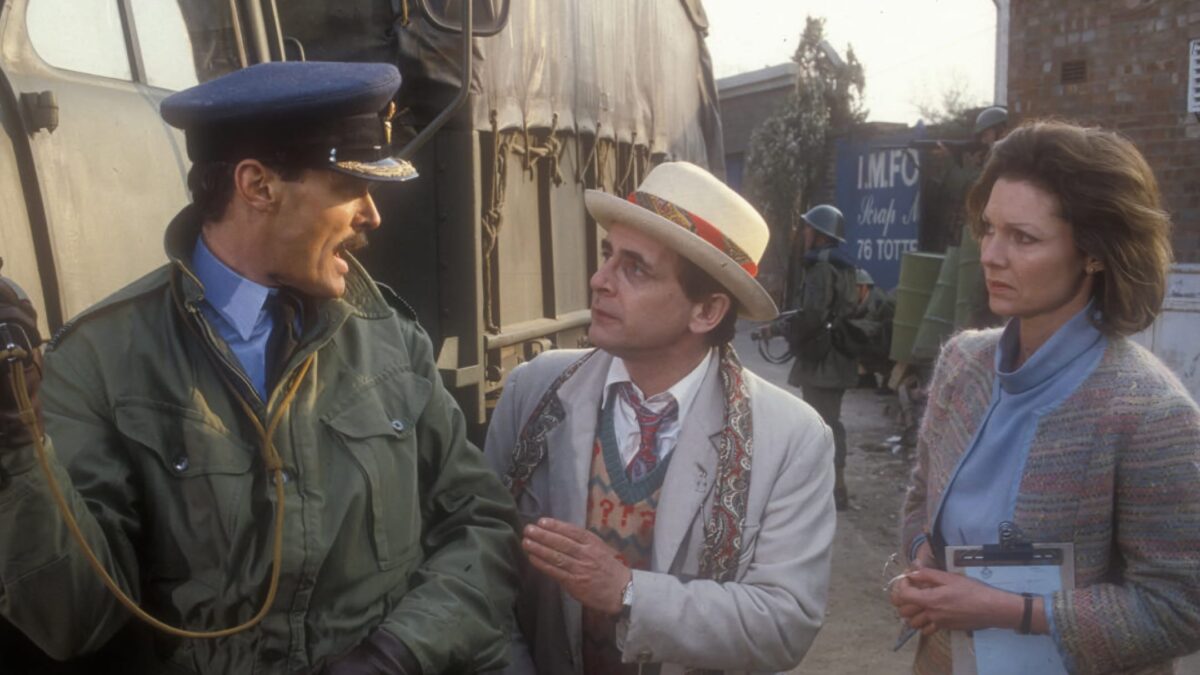 Group Captain Gilmore, The Seventh Doctor and Professor Rachel Jensen from the classic Doctor Who story Remembrance of the Daleks
