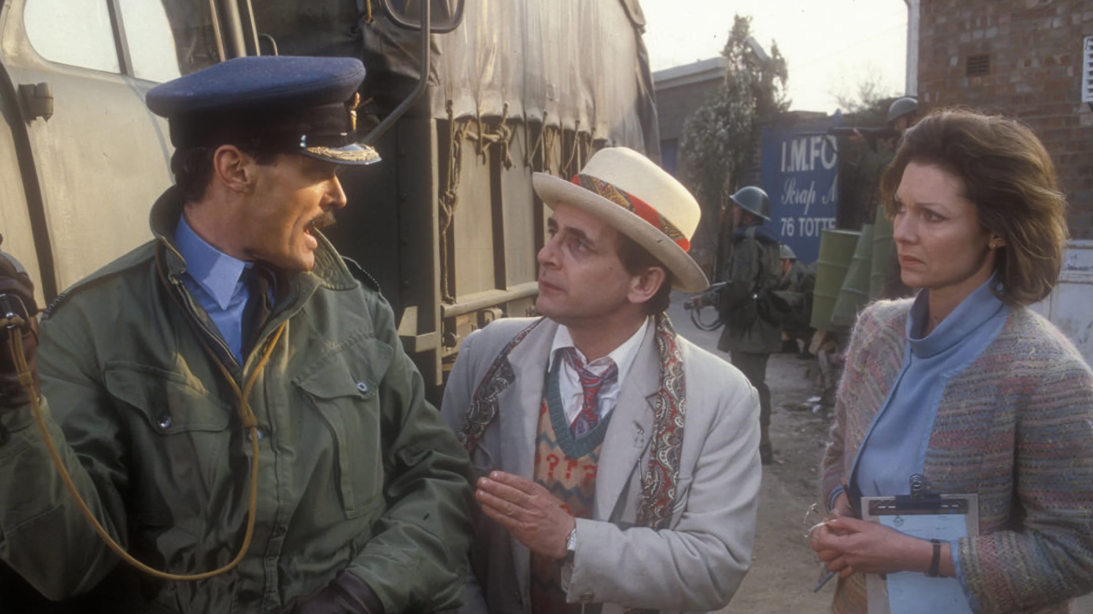 Group Captain Gilmore, The Seventh Doctor and Professor Rachel Jensen from the classic Doctor Who story Remembrance of the Daleks