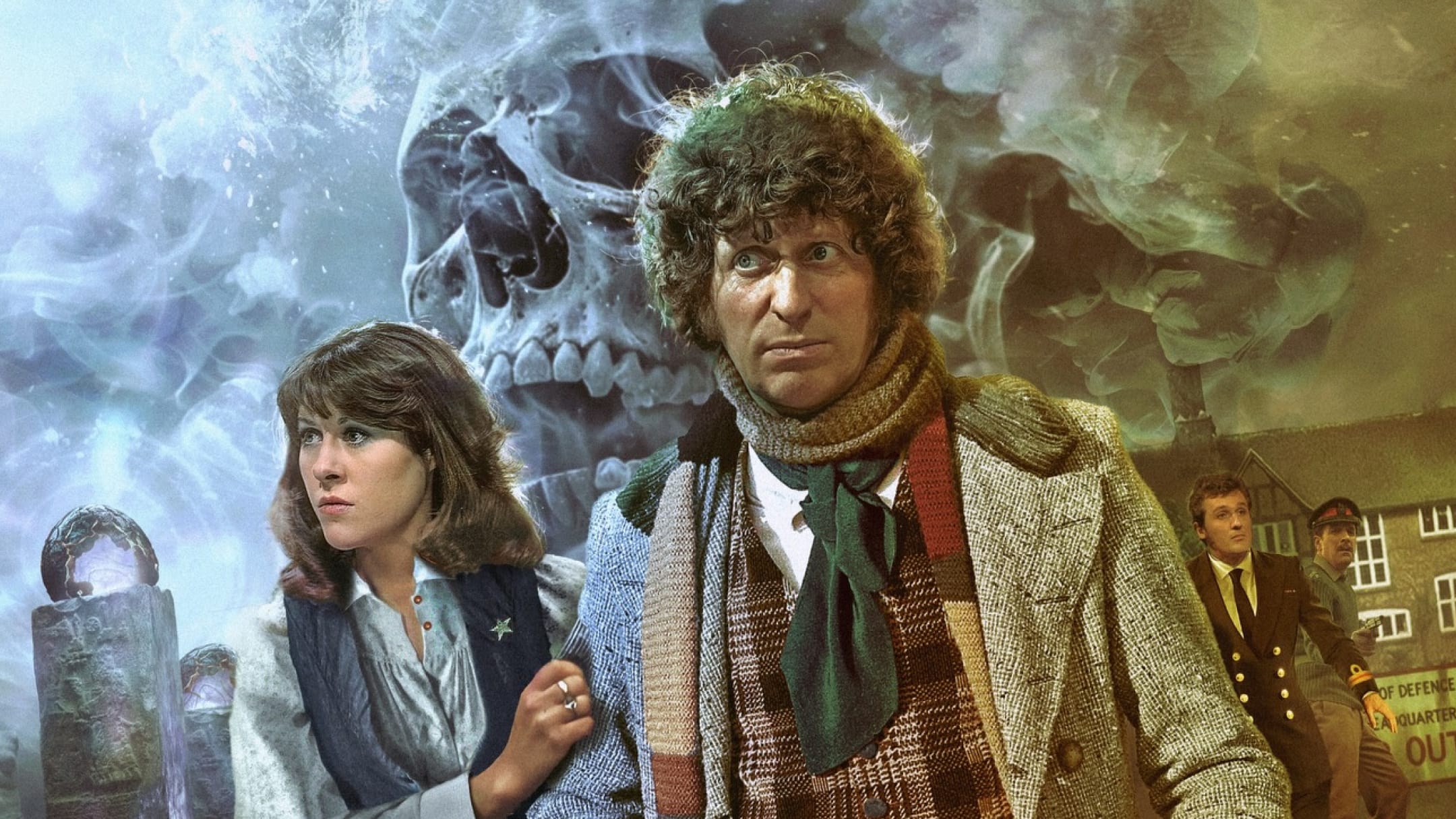 Sarah Jane Smith, the Doctor, Harry and the Brigadier on the cover art for The Ministry of Death by Sean Longmore.