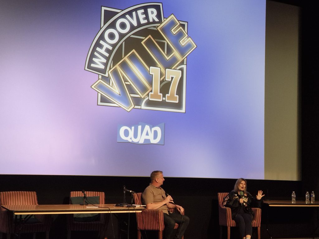 Sophie Aldred being interviewed on stage