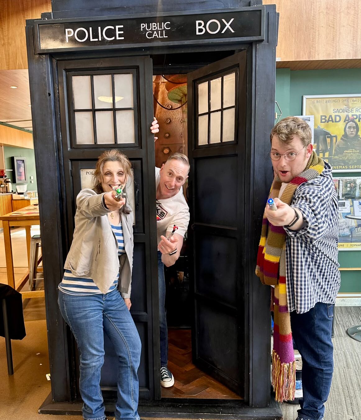 Maria, Joe and Harry with the TARDIS